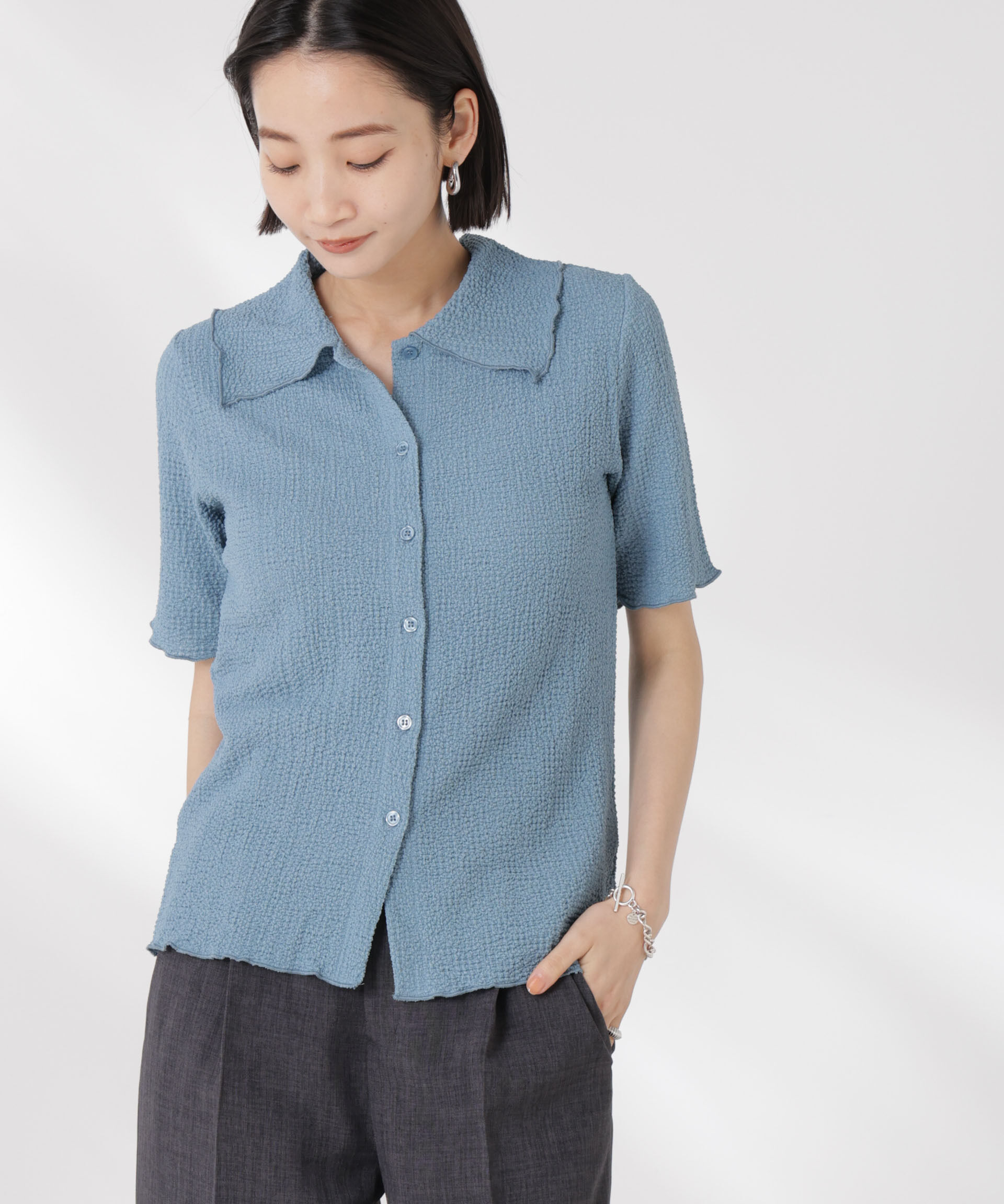 nano･universe「衿付カットジャガードメロートップス」|Tシャツ・カットソー|