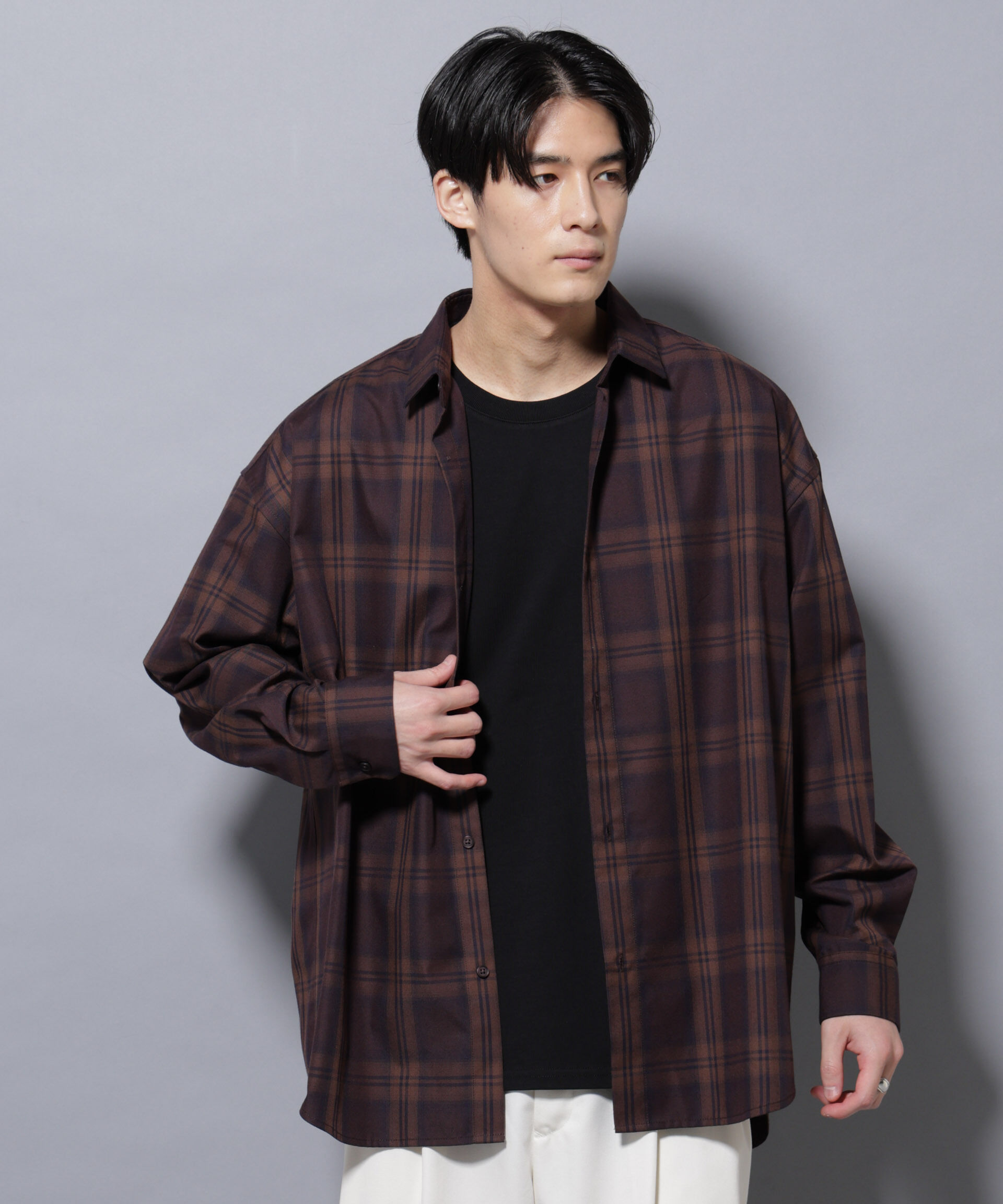nano･universe「ビッグドレープチェックシャツ 長袖」|シャツ・ブラウス|D.ブラウン2