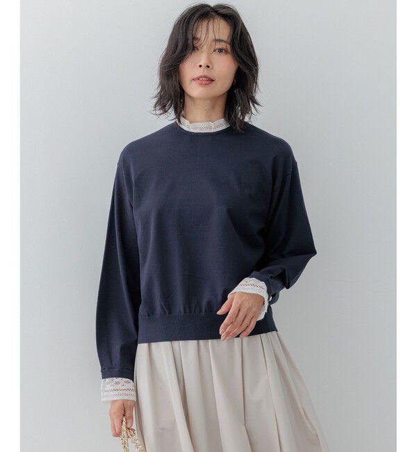 23区「【洗える】ヴィスコースストレッチ レースコンビ ニット」|ニット・セーター|ネイビー系