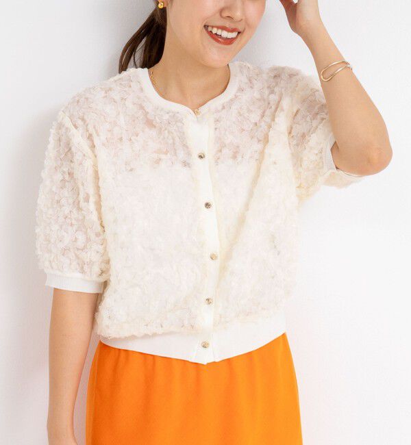 NOLLEY'S「《手洗い可能》シフォン刺繍生地クルーネックカーディガン」|カーディガン|オフホワイト