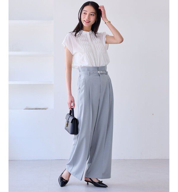 VIS「【新色追加】【防シワ/接触冷感】ベルトディテールタックワイドスラックスパンツ」|スラックス|