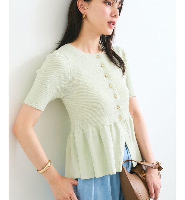 VIS「【アンチピリング】ペプラムハーフスリーブニットカーディガン」|カーディガン|ライトグリン(33)