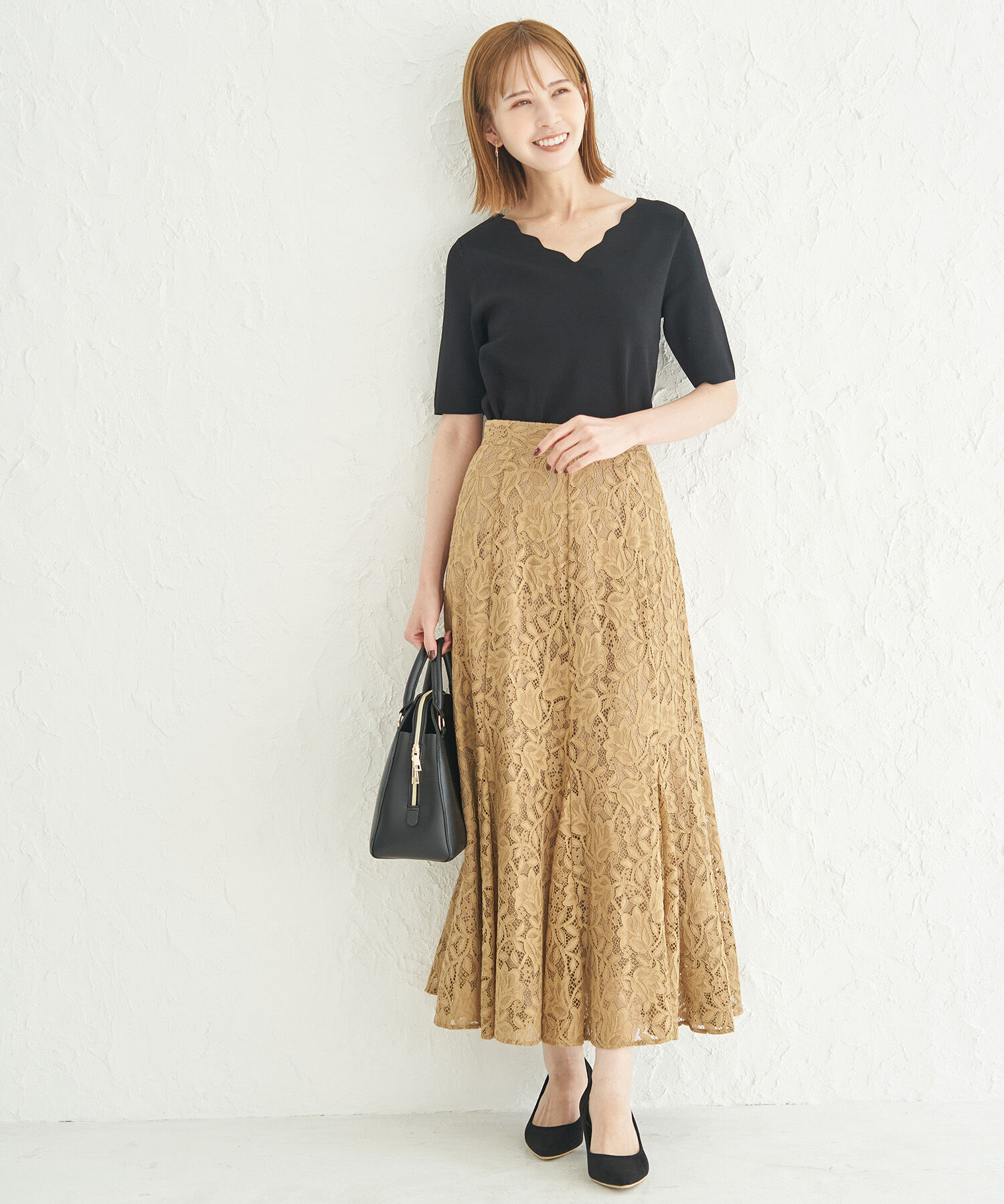 Rope&rsquo;Picnic「UVカット・洗える・接触冷感/Vスカラップネックハーフスリーブニットプルオーバー」|ニット・セーター|