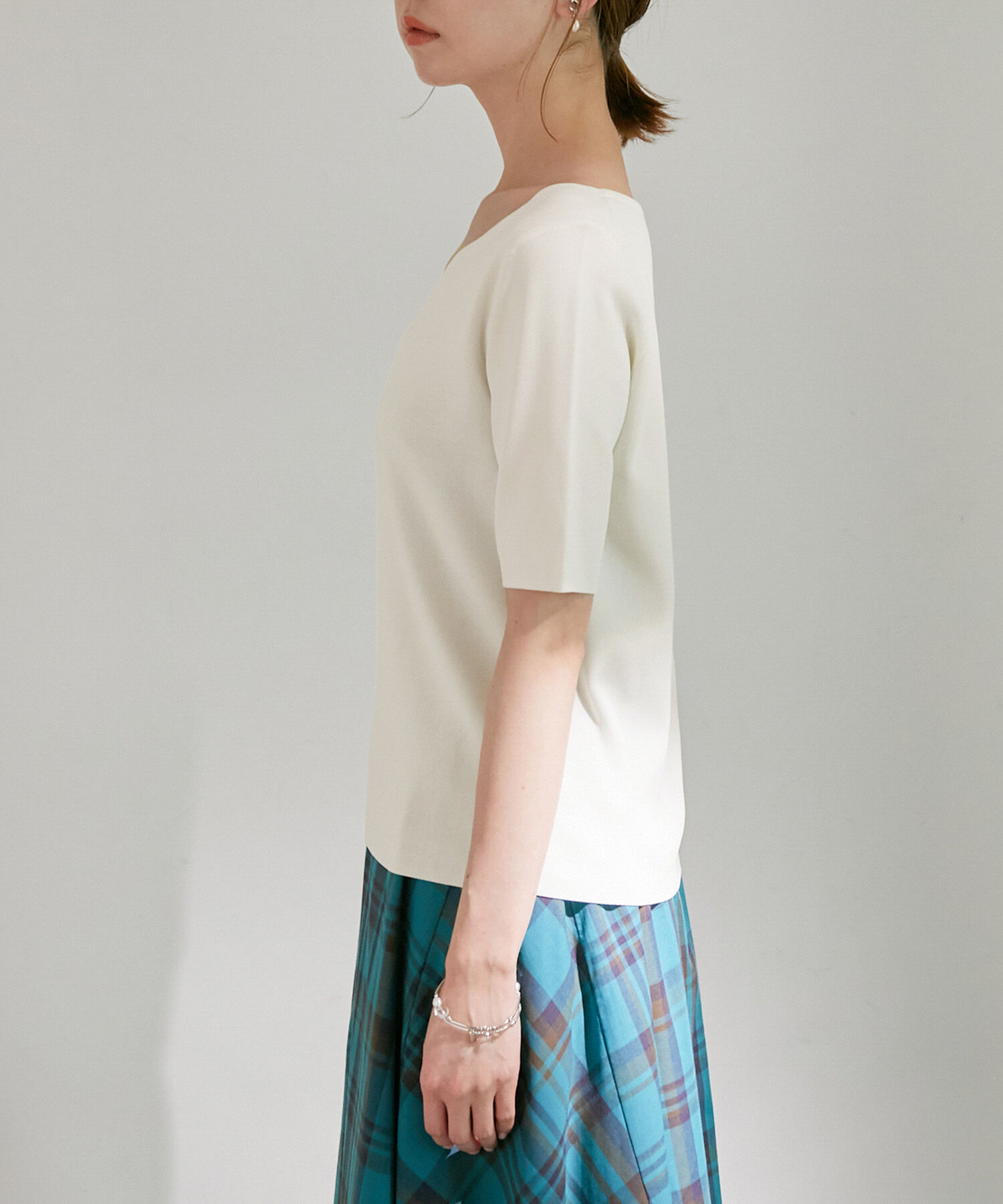 Rope&rsquo;Picnic「UVカット・洗える・接触冷感/Vスカラップネックハーフスリーブニットプルオーバー」|ニット・セーター|