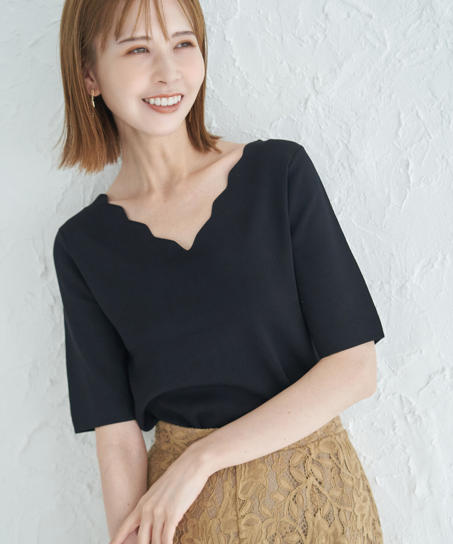 Rope&rsquo;Picnic「UVカット・洗える・接触冷感/Vスカラップネックハーフスリーブニットプルオーバー」|ニット・セーター|