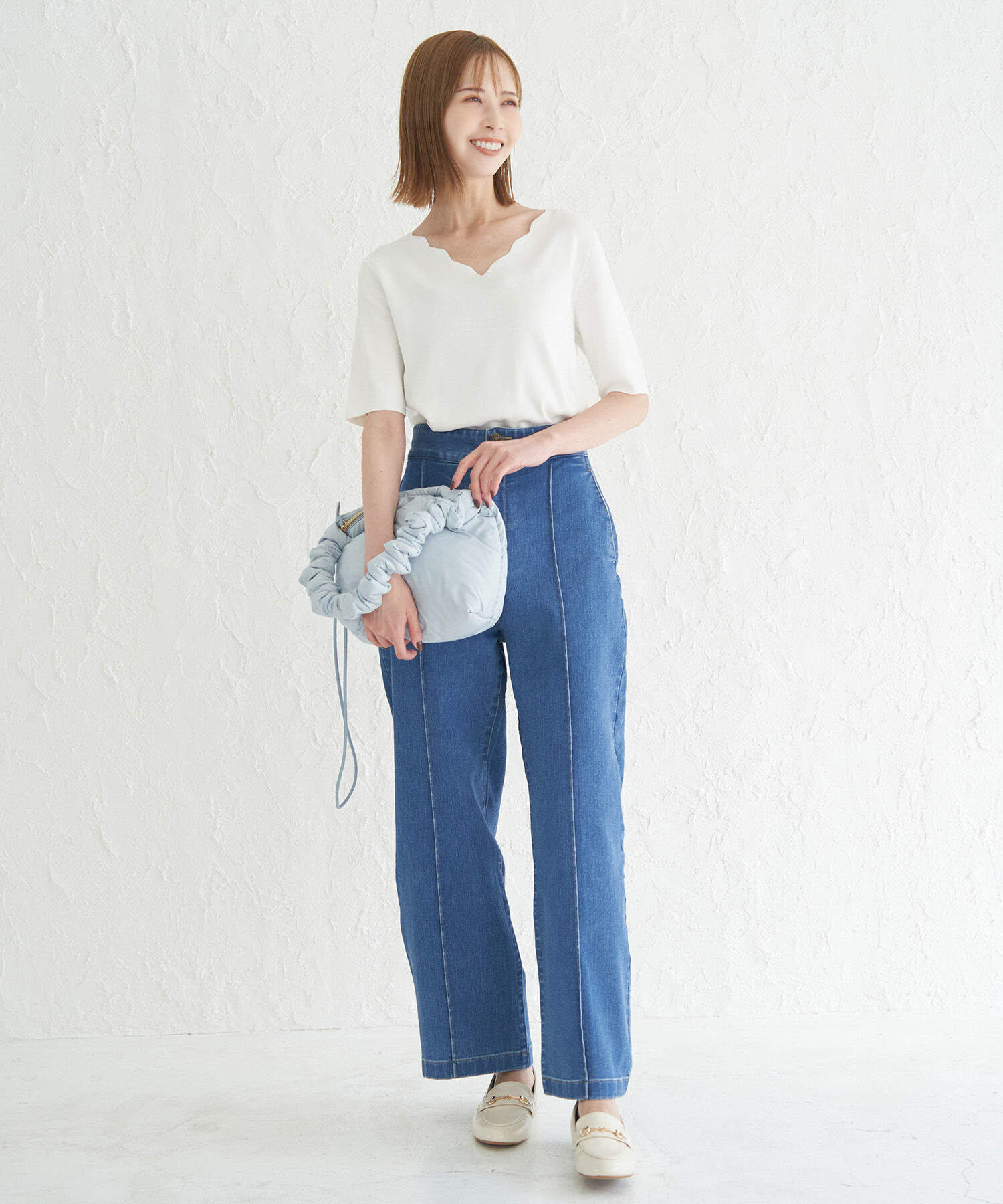 Rope&rsquo;Picnic「UVカット・洗える・接触冷感/Vスカラップネックハーフスリーブニットプルオーバー」|ニット・セーター|