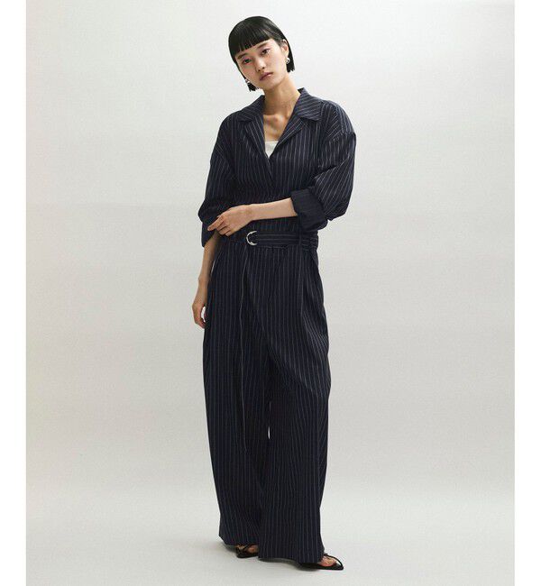 ADAM ET ROPE'「ストライプオープンカラージャンプスーツ」|オールインワン|