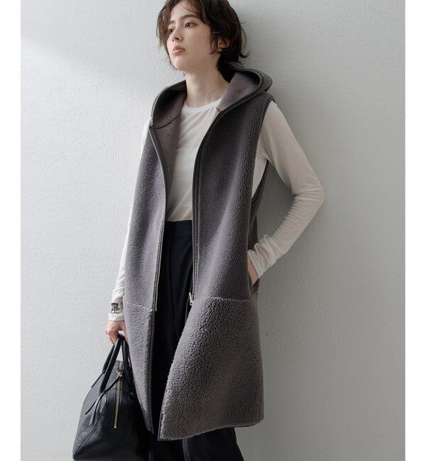 THE PAUSE「【THE PAUSE】ボアフードロングジレ」|ベスト・ジレ|チャコールグレー