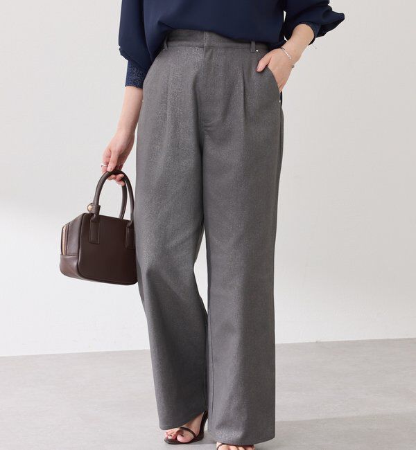  「【ウエスト調整可能】箔ツイルワイドパンツ」|チノ|チャコールグレー