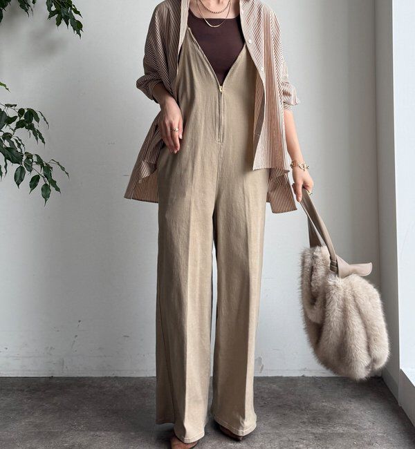  「細紐デニムフロントジップサロペット」|ワンピース|