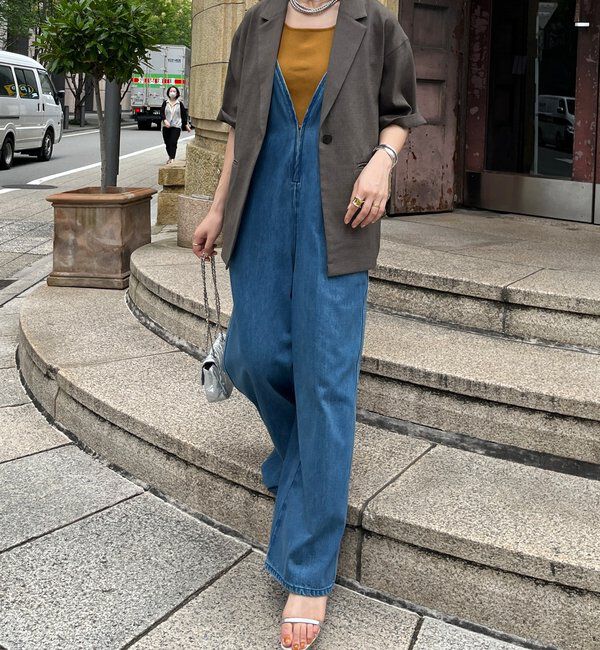  「細紐デニムフロントジップサロペット」|ワンピース|