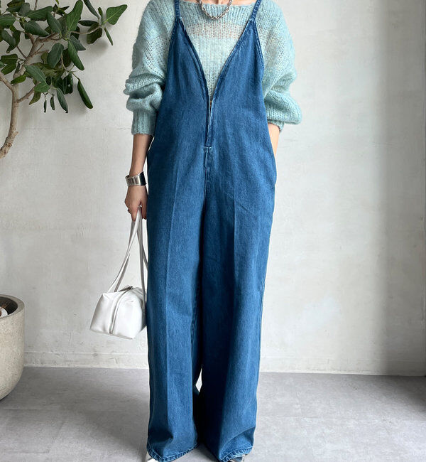  「細紐デニムフロントジップサロペット」|ワンピース|