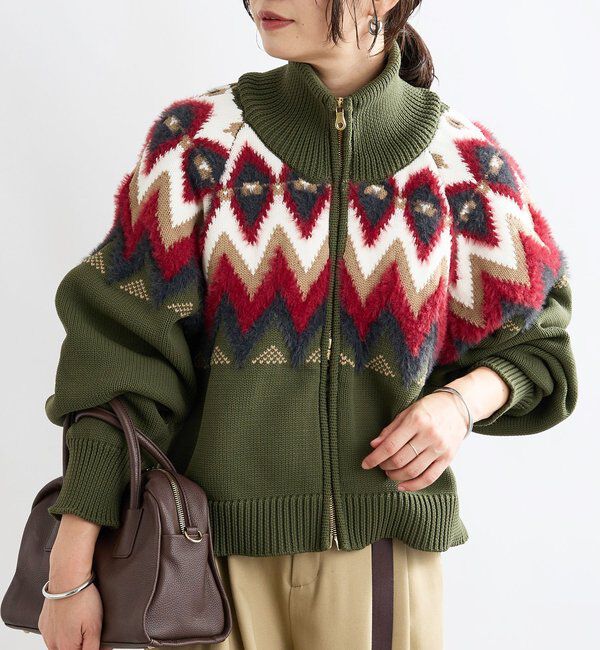  「【モダンな印象】ノルディックニットブルゾン」|カーディガン|カーキ