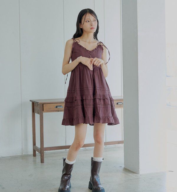  「【WEB限定追加】肩リボンコットンレースフリルキャミミニワンピ」|ワンピース|