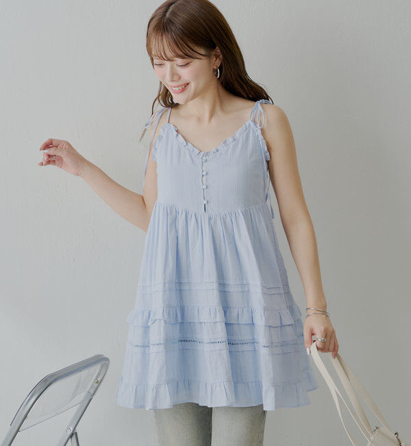  「【WEB限定追加】肩リボンコットンレースフリルキャミミニワンピ」|ワンピース|