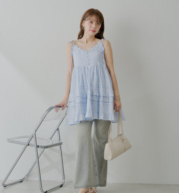  「【WEB限定追加】肩リボンコットンレースフリルキャミミニワンピ」|ワンピース|