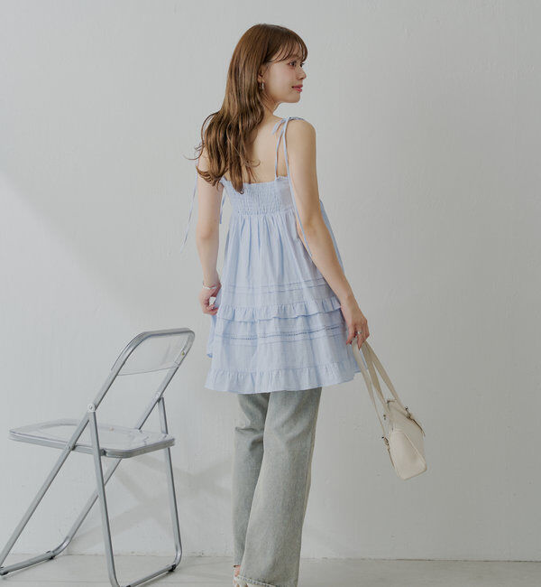  「【WEB限定追加】肩リボンコットンレースフリルキャミミニワンピ」|ワンピース|