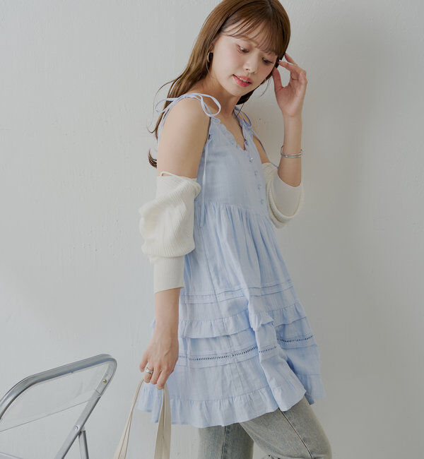  「【WEB限定追加】肩リボンコットンレースフリルキャミミニワンピ」|ワンピース|