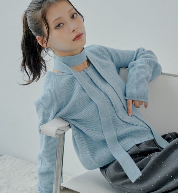  「チョーカー付きラウンドボタンコンパクトカーディガン」|カーディガン|ブルー