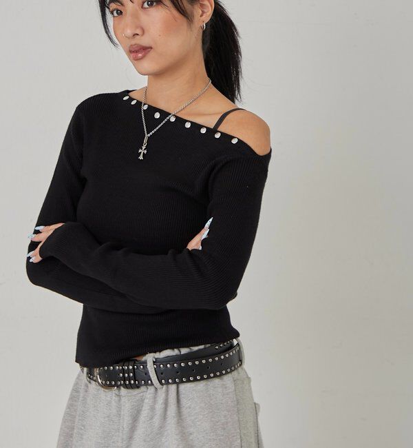  「スタッズワンオフショルニット」|ニット・セーター|ブラック
