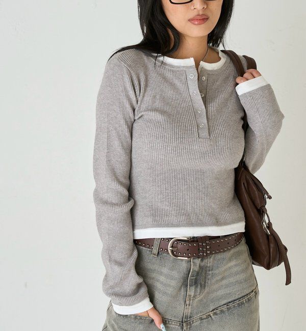  「LAYERED HENLEY KINT」|ニット・セーター|グレー