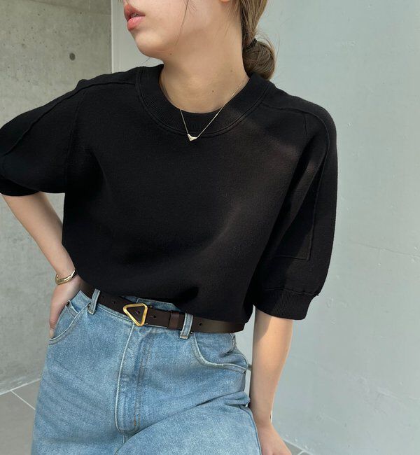  「スウェットライク半袖ニット」|ニット・セーター|ブラック