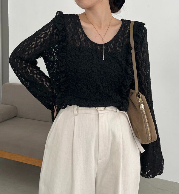  「【前後2WAY/オケージョンにも◎】レースUネックトップス」|Tシャツ・カットソー|