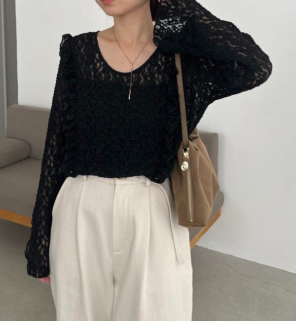  「【前後2WAY/オケージョンにも◎】レースUネックトップス」|Tシャツ・カットソー|