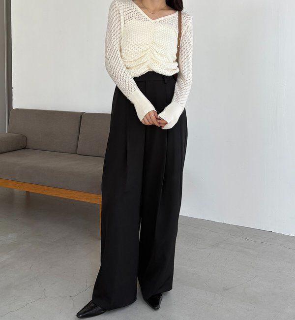  「【選べる4サイズ展開/全骨格細見え】すっきりスラックスワイドパンツ」|チノ|