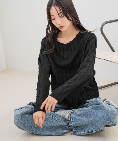 LOWRYS FARM「ジャガードフリンジＬＳ」|Tシャツ・カットソー|BLK