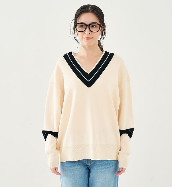 collex「配色ラインVネックニットプルオーバー」|ニット・セーター|