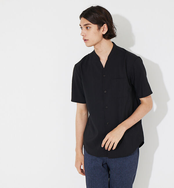 ABAHOUSE「【定番】ノーカラー Vネック 半袖シャツ」|シャツ・ブラウス|ブラック
