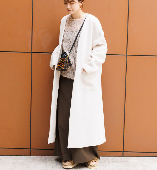 Rouge vif「ノーカラー ロングコート」|ノーカラーコート|アイボリー