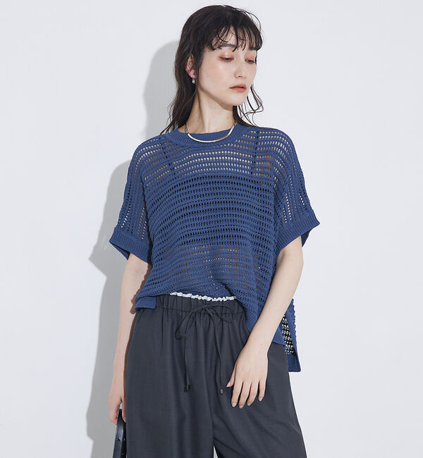 qualite「透かしガータースクエアニット」|Tシャツ・カットソー|ブルー