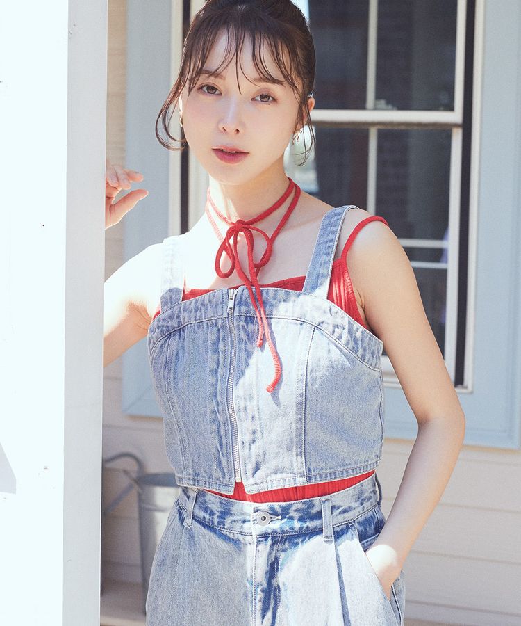 earth music&ecology「フロントジップデニムビスチェ」|ベスト・ジレ|