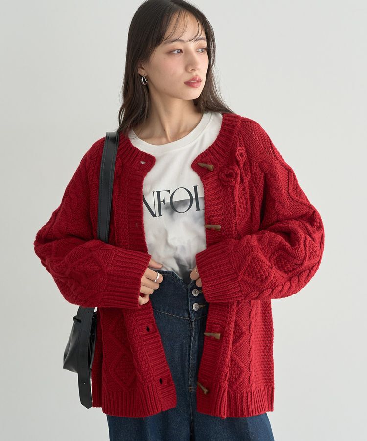 earth music&ecology「フラワーモチーフトグルボタンニットカーディガン」|カーディガン|Red