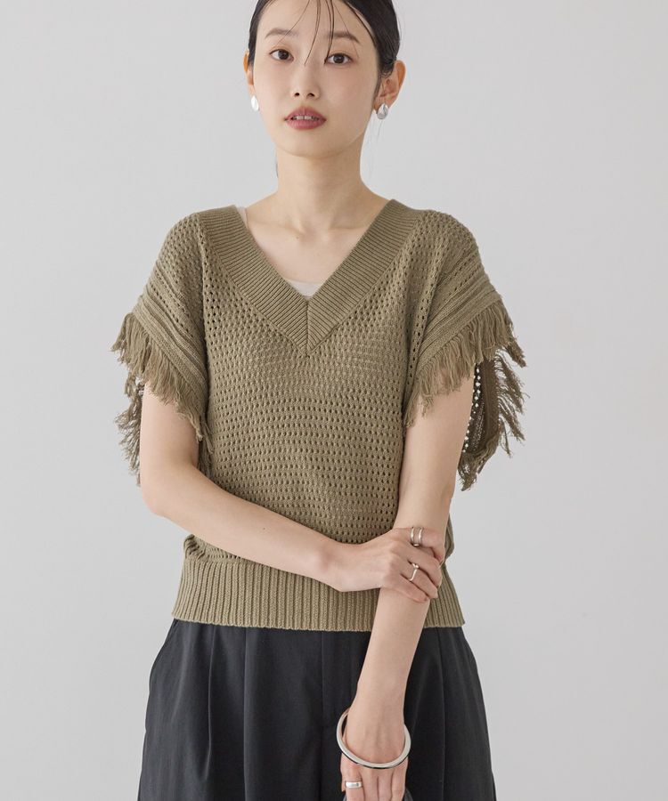 AMERICAN HOLIC「袖フリンジショート丈プルオーバー」|ニット・セーター|Olive