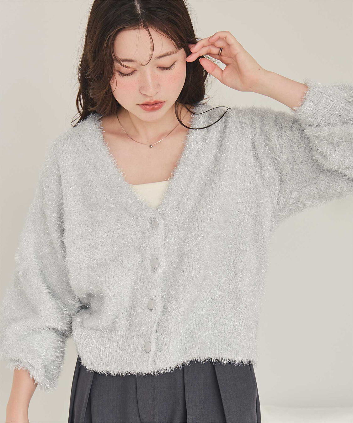 titivate「ふわっとラメシャギーニットカーディガン」|ニット・セーター|シルバー