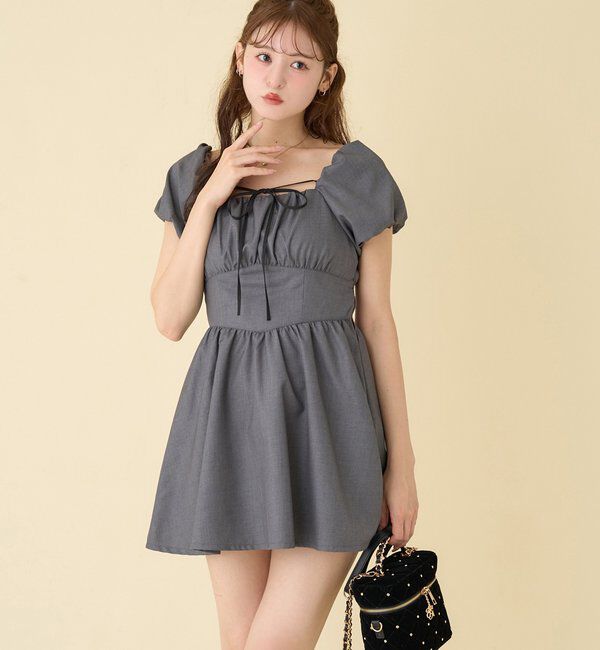  「ボリューム袖ミニワンピ」|ワンピース|グレー