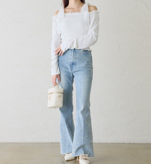  「長袖シャーリング肩リボントップス」|プルオーバー|