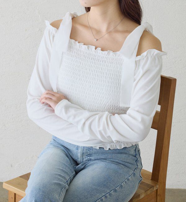  「長袖シャーリング肩リボントップス」|プルオーバー|