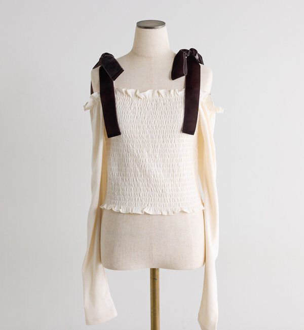  「長袖シャーリング肩リボントップス」|プルオーバー|