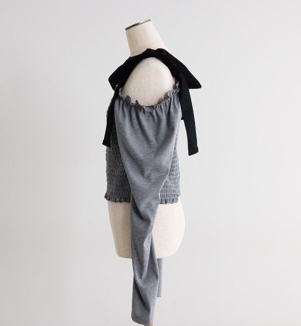  「長袖シャーリング肩リボントップス」|プルオーバー|