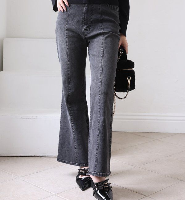  「後ろ刺繍美脚ストレッチフレアデニム」|その他|ブラック