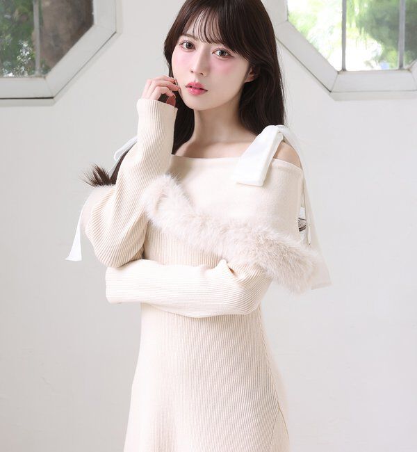  「リボン取り外し可能オフショルファーニットワンピース」|ワンピース|