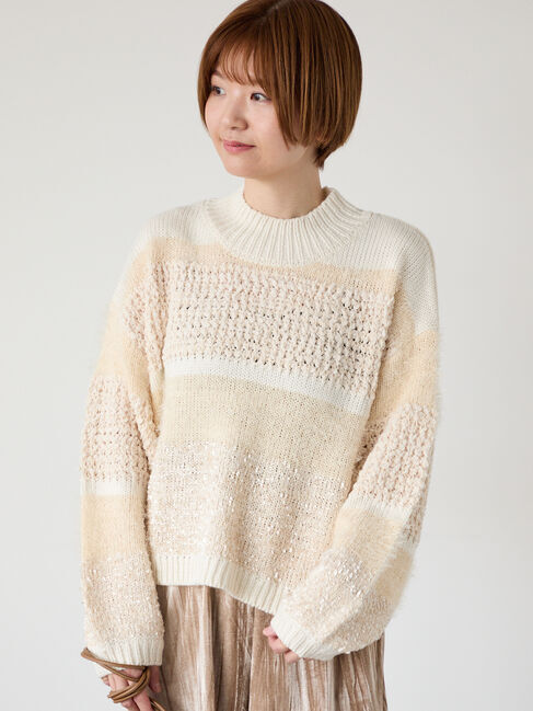Lugnoncure「マルチデザインボーダーニット」|ニット・セーター|ベージュ