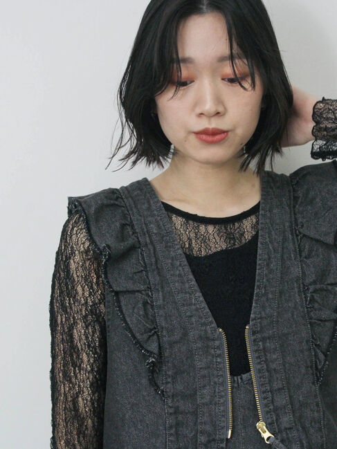 Samansa Mos2 blue「【ECO DENIM】ショルダーフリルベスト」|ダウンベスト・ベスト|