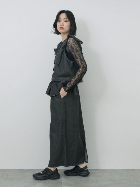 Samansa Mos2 blue「【ECO DENIM】ショルダーフリルベスト」|ダウンベスト・ベスト|