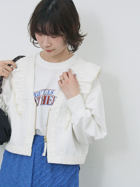 Samansa Mos2 blue「【ECO DENIM】ショルダーフリルベスト」|ダウンベスト・ベスト|