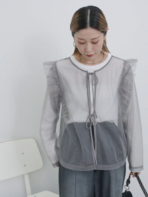 Samansa Mos2 blue「2wayラメチュールフリルプルオーバー」|Tシャツ・カットソー|